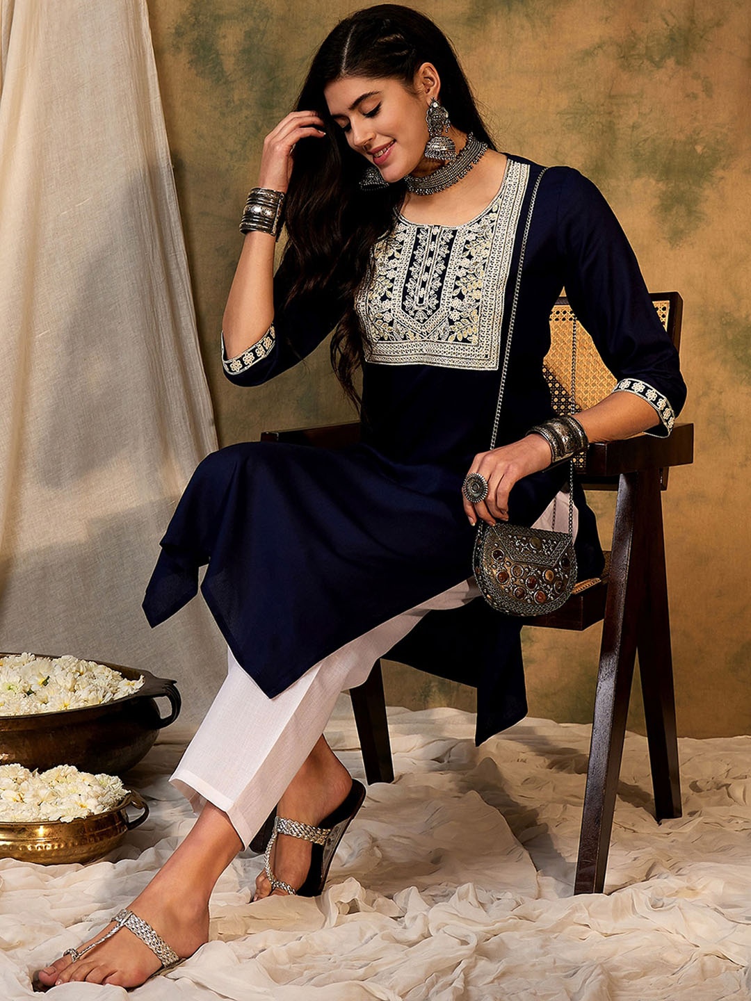 

Indo Era Women Embroidered Thread Work Anarkali Kurta, Navy blue