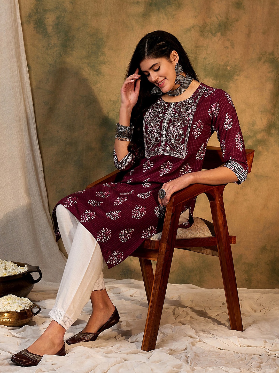 

Indo Era Burgundy Ethnic Motifs Printed Round Neck Mirror Work Straight Kurta