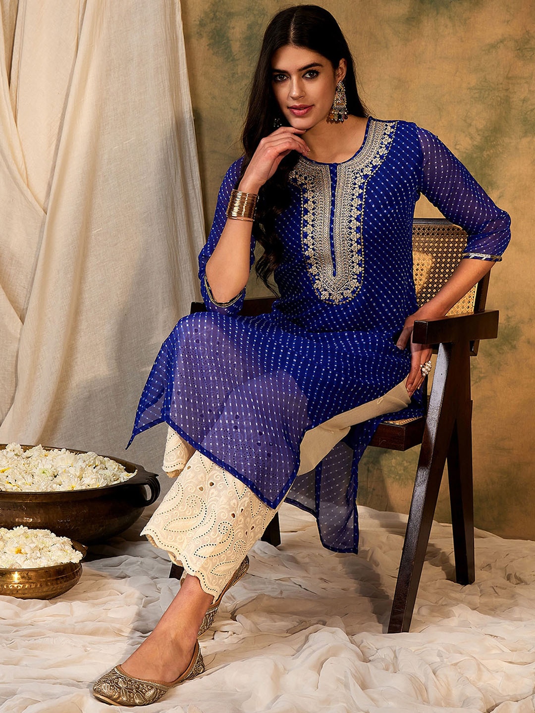 

Indo Era Women Ethnic Motifs Striped Flared Sleeves Georgette Kurta, Blue