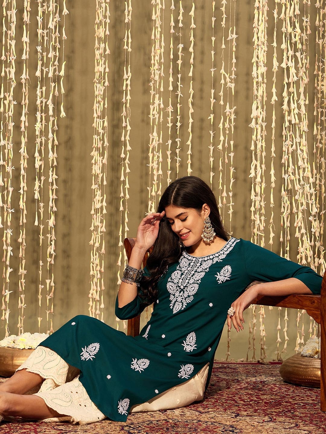 

Indo Era Women Striped Gotta Patti Kurta, Green