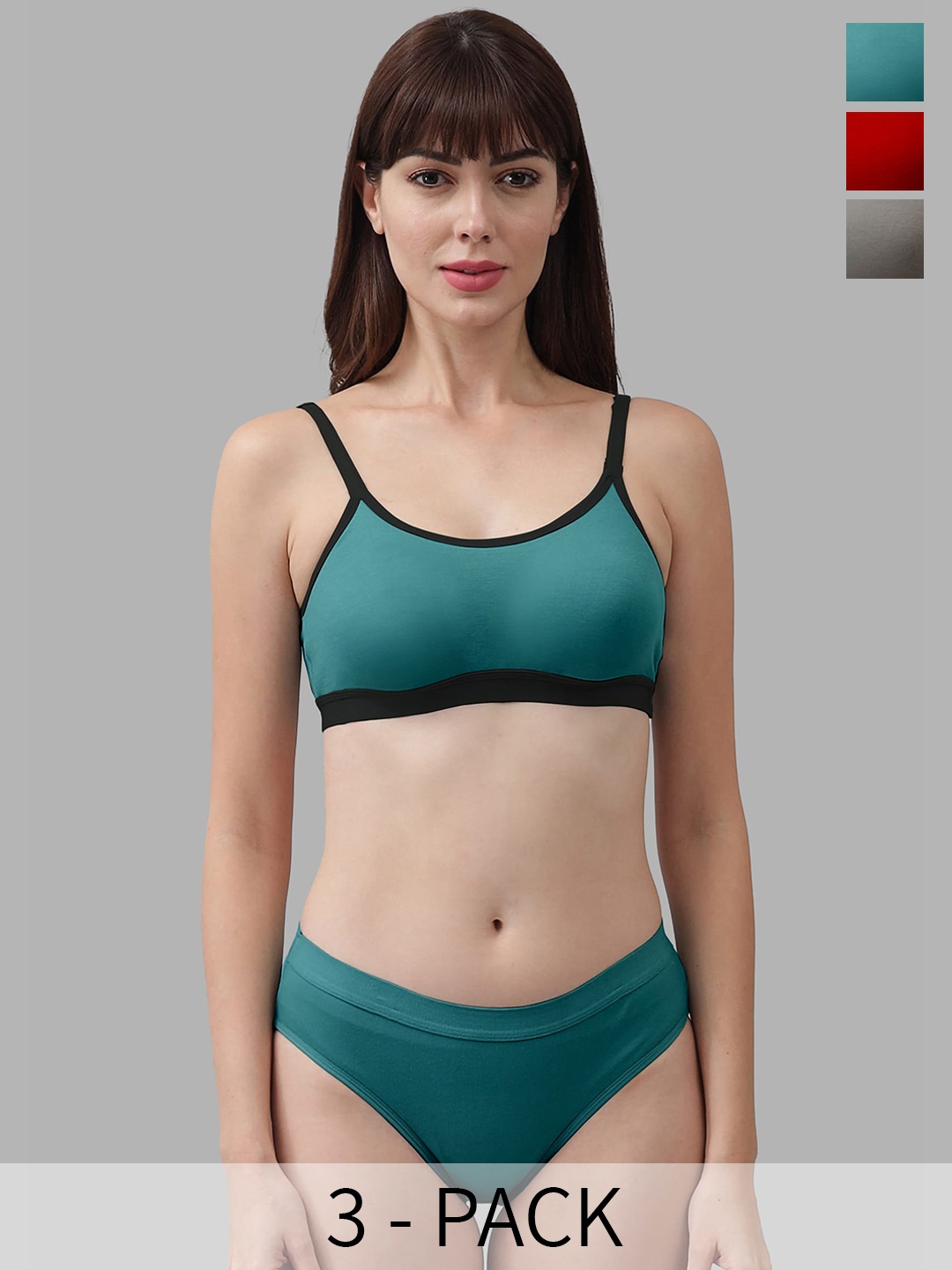 In-Curve Pack Of 3 Non Padded Cotton Lingerie Sets, Red