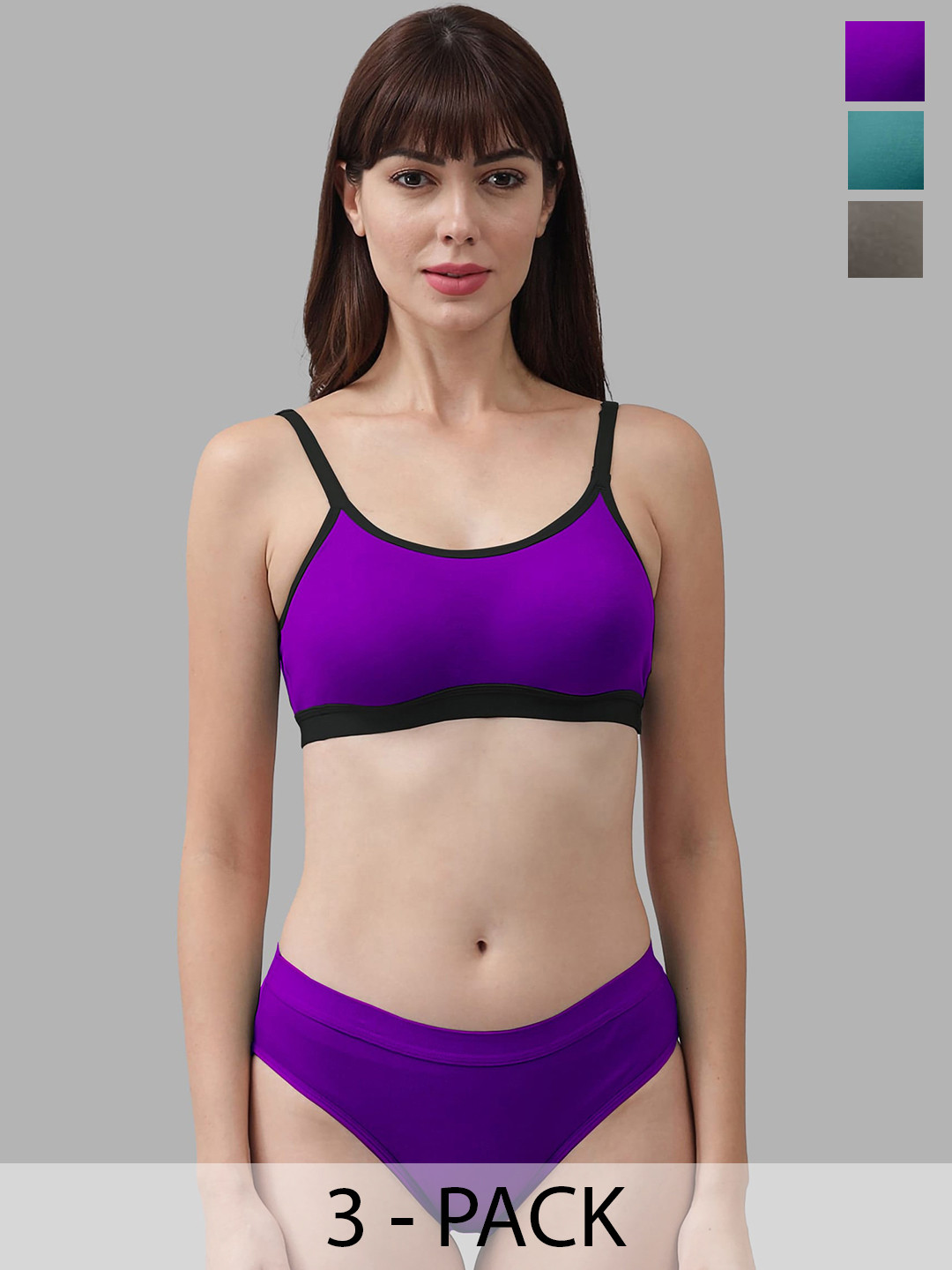 

In-Curve Pack Of 3 Non Padded Cotton Lingerie Sets, Purple