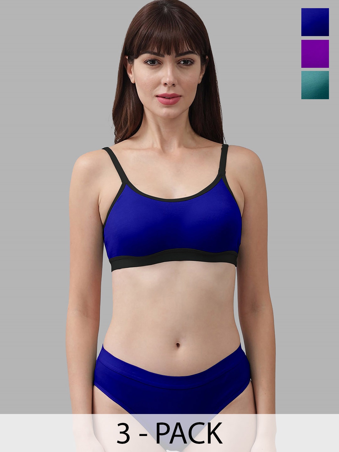 

In-Curve Pack Of 3 Breathable Cotton Lingerie Sets, Blue