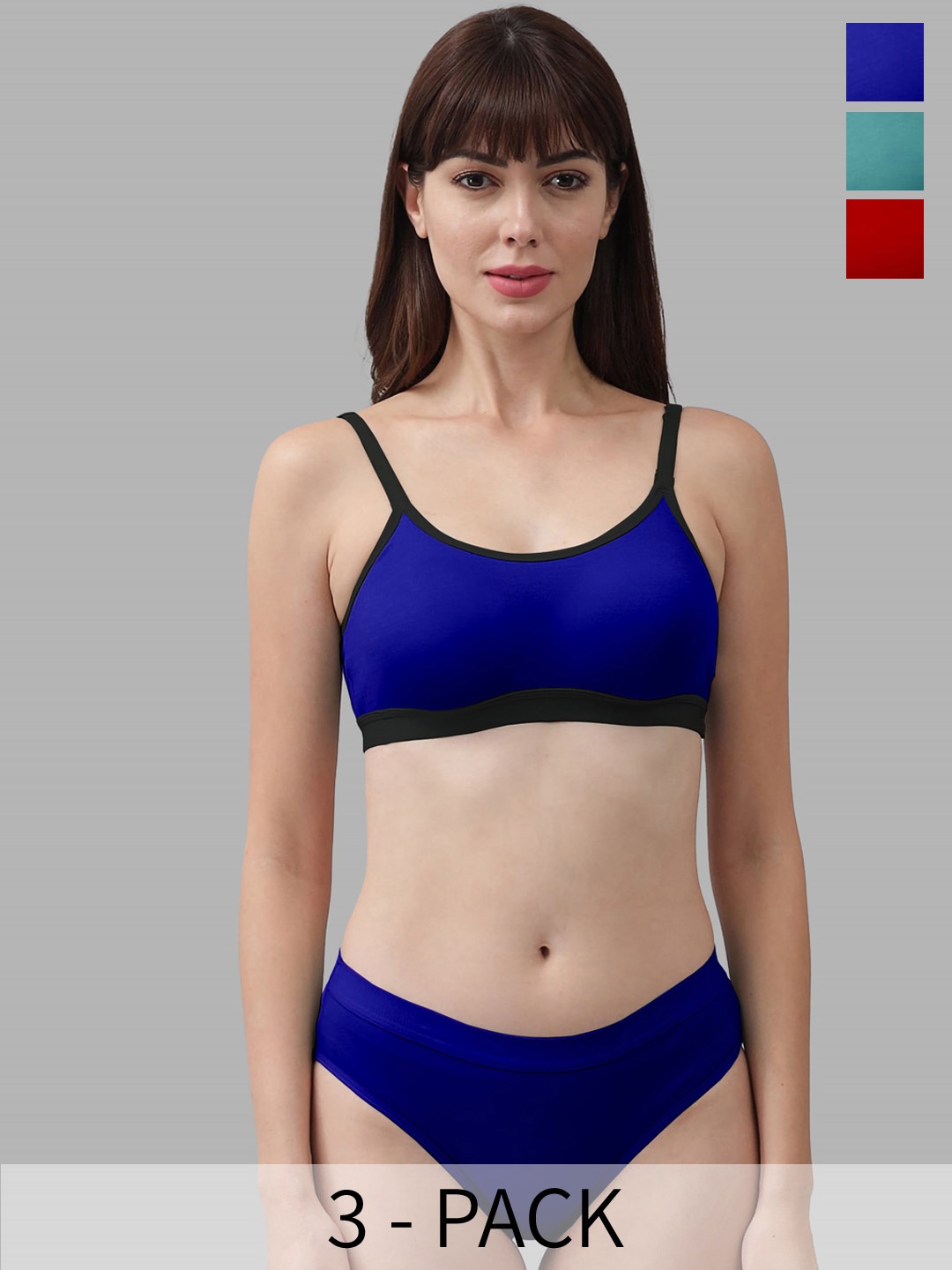 

In-Curve Pack Of 3 Breathable Cotton Lingerie Sets, Blue