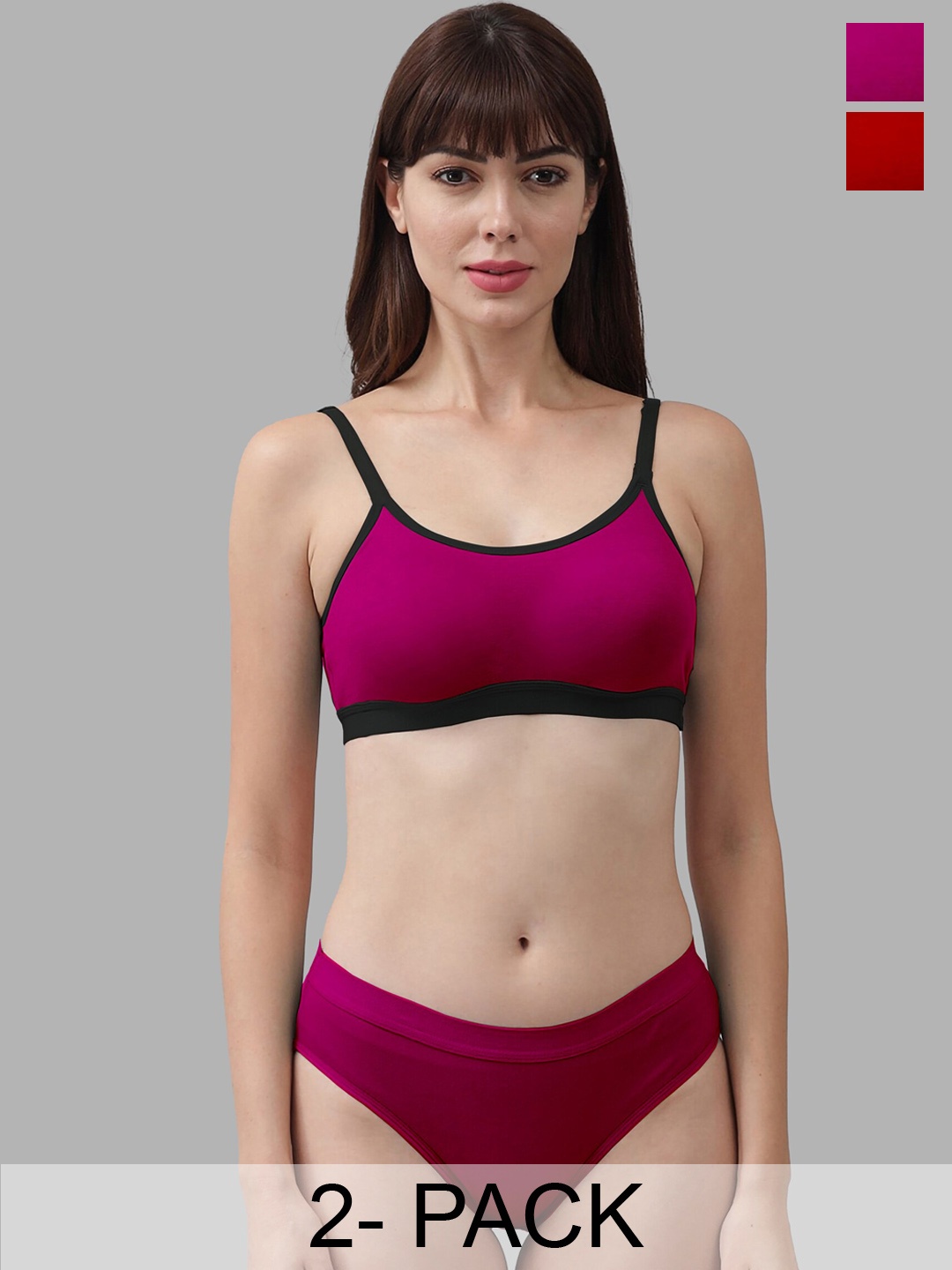 

In-Curve Pack Of 2 Non Padded Cotton Lingerie Set, Red