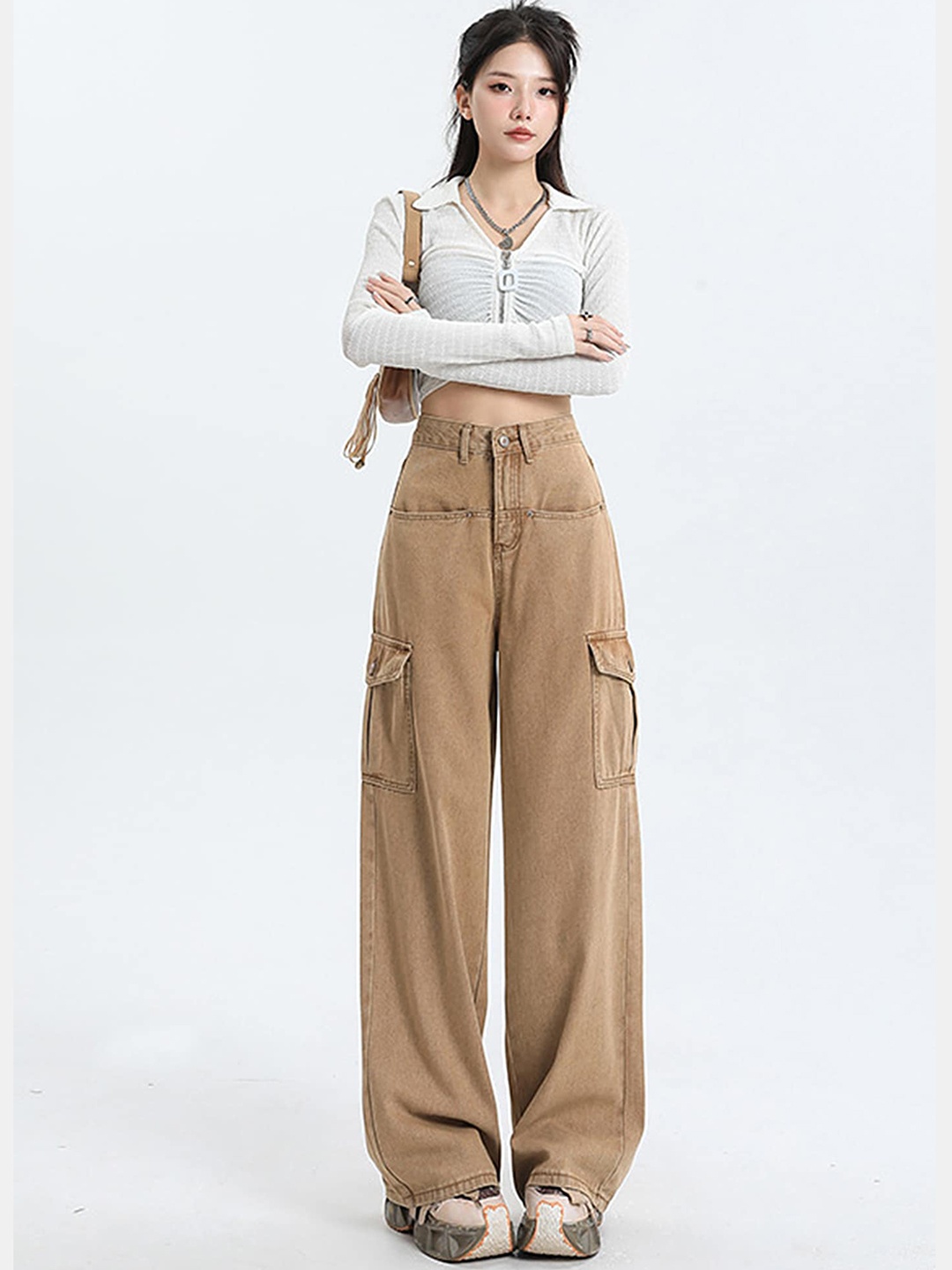 

LULU & SKY Women Straight Fit High-Rise Clean Look Cargo Style Jeans, Brown