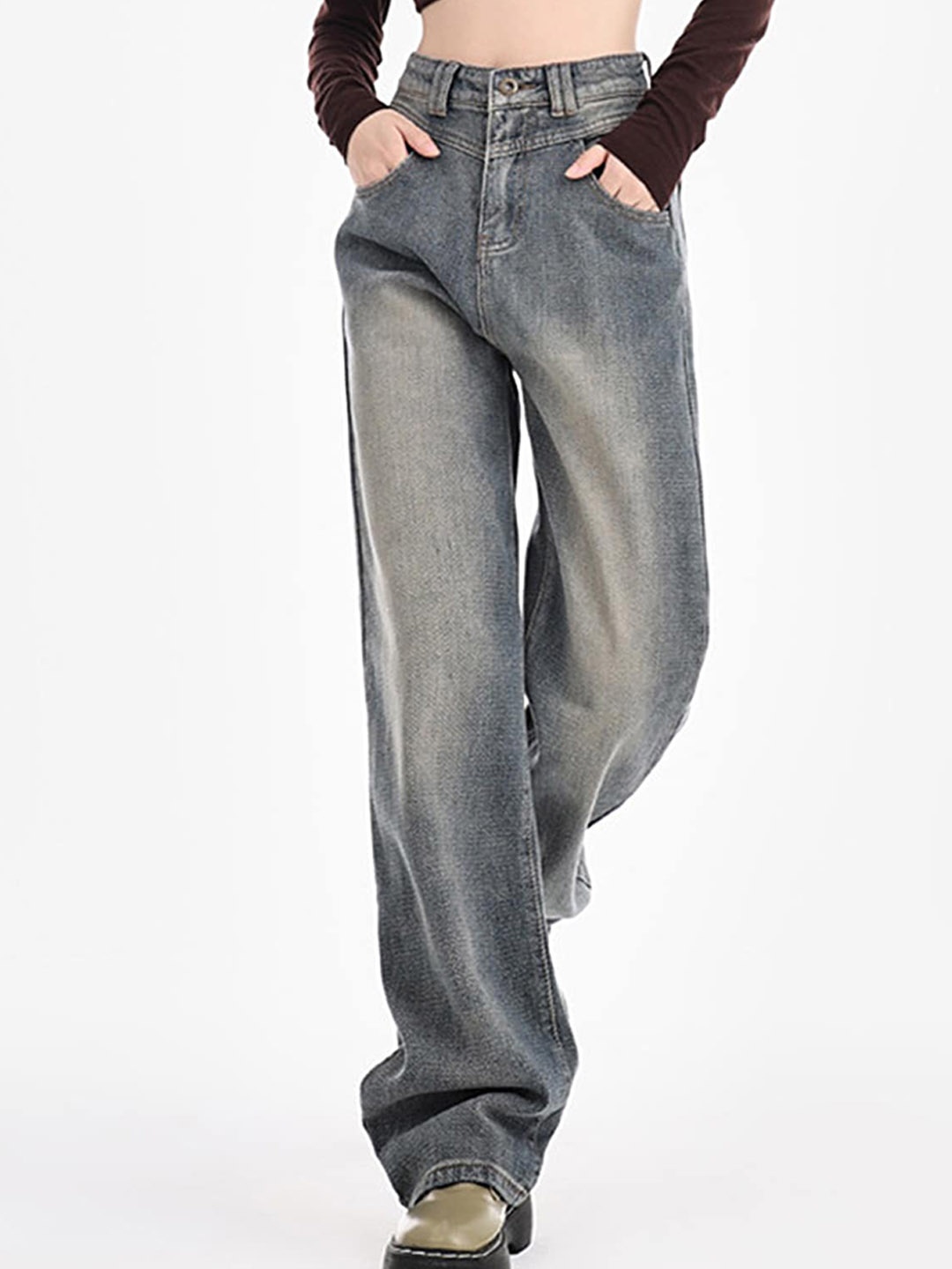 

LULU & SKY Women Straight Fit High-Rise Clean Look Heavy Fade Jeans, Blue