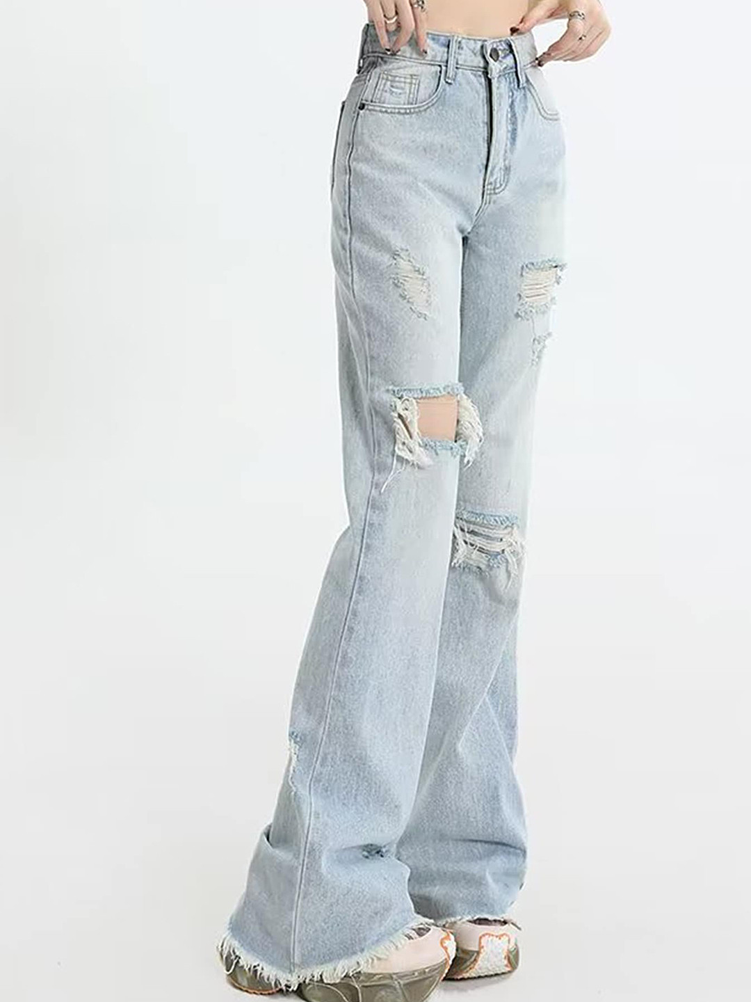 

LULU & SKY Women Straight Fit High-Rise Highly Distressed Heavy Fade Jeans, Blue
