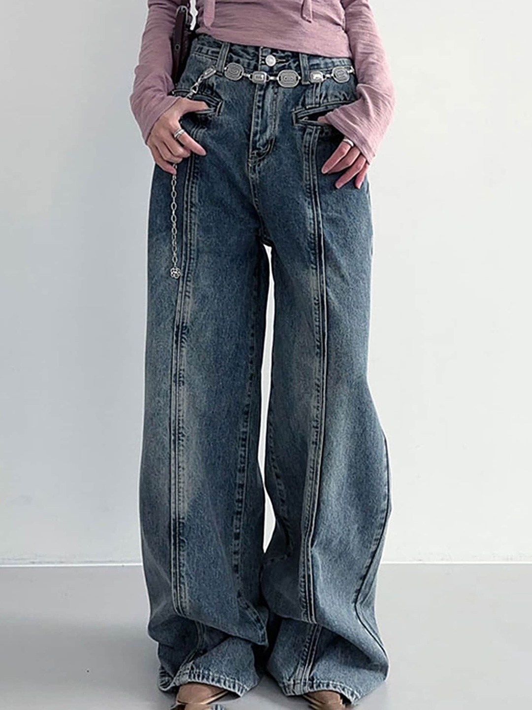 

LULU & SKY Women Straight Fit Clean Look Light Fade Stretchable Crinkle Jeans, Blue
