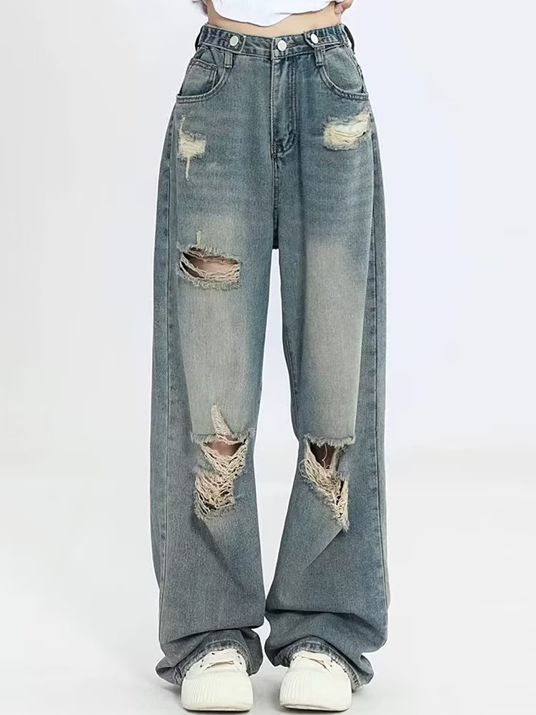 

LULU & SKY Women Wide Leg Highly Distressed Light Fade Jeans, Blue