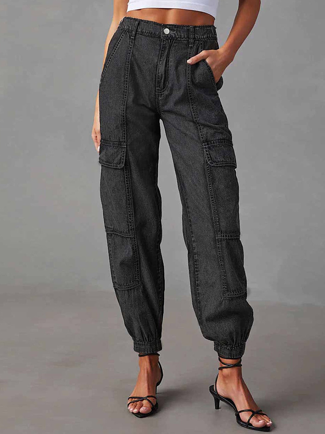 

LULU & SKY Women Jogger Fit High-Rise Cargo Style Jeans, Black