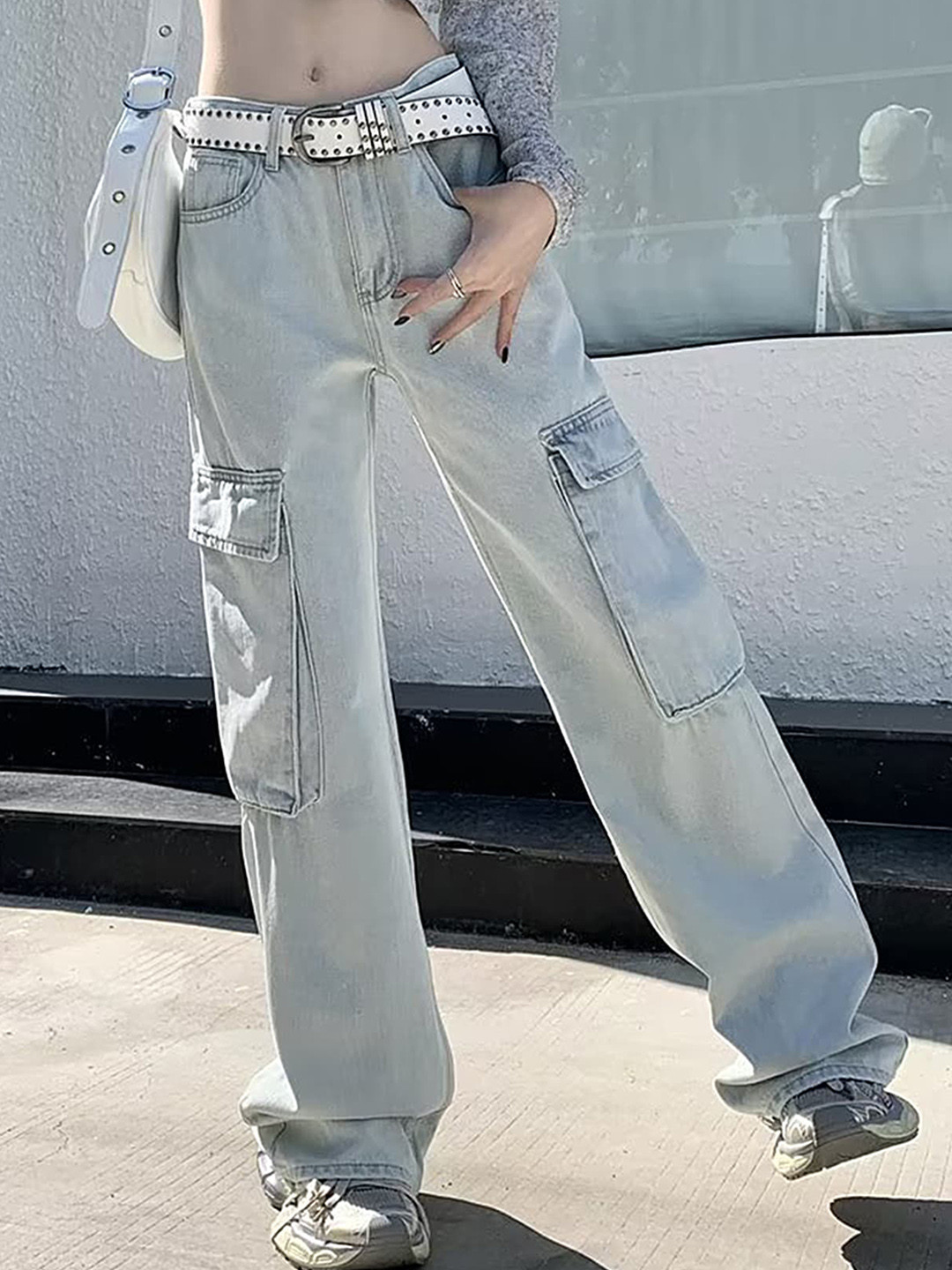 

LULU & SKY Women Wide Leg Light Fade Denim Cargo, Blue