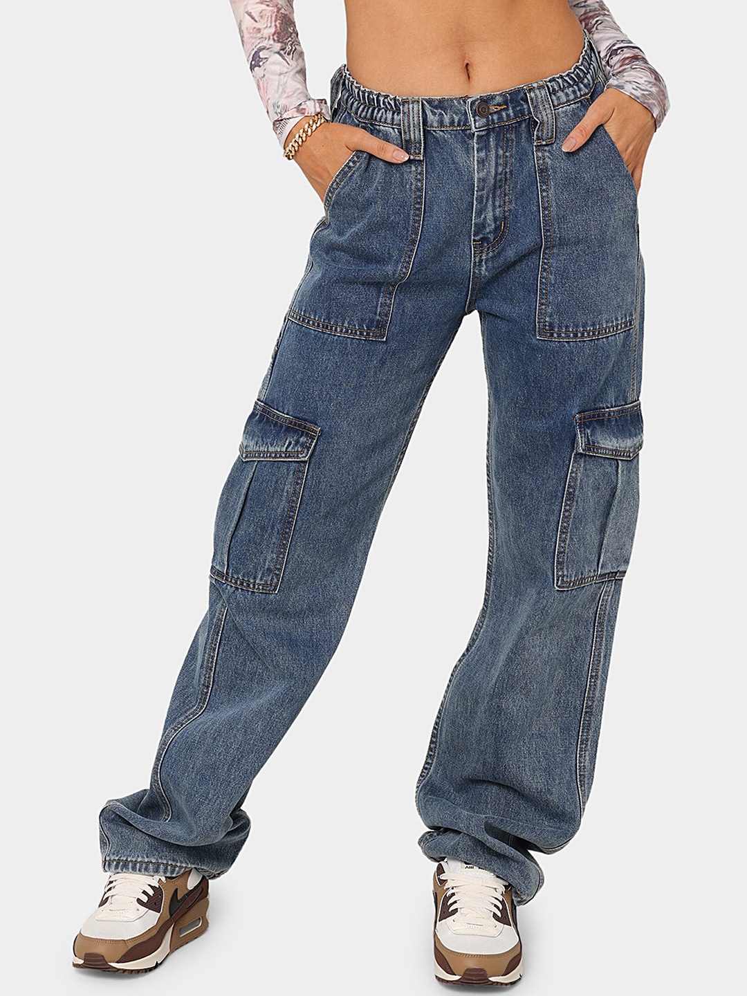 

LULU & SKY Women Straight Fit Low-Rise Heavy Fade Cargo Style Jeans, Blue