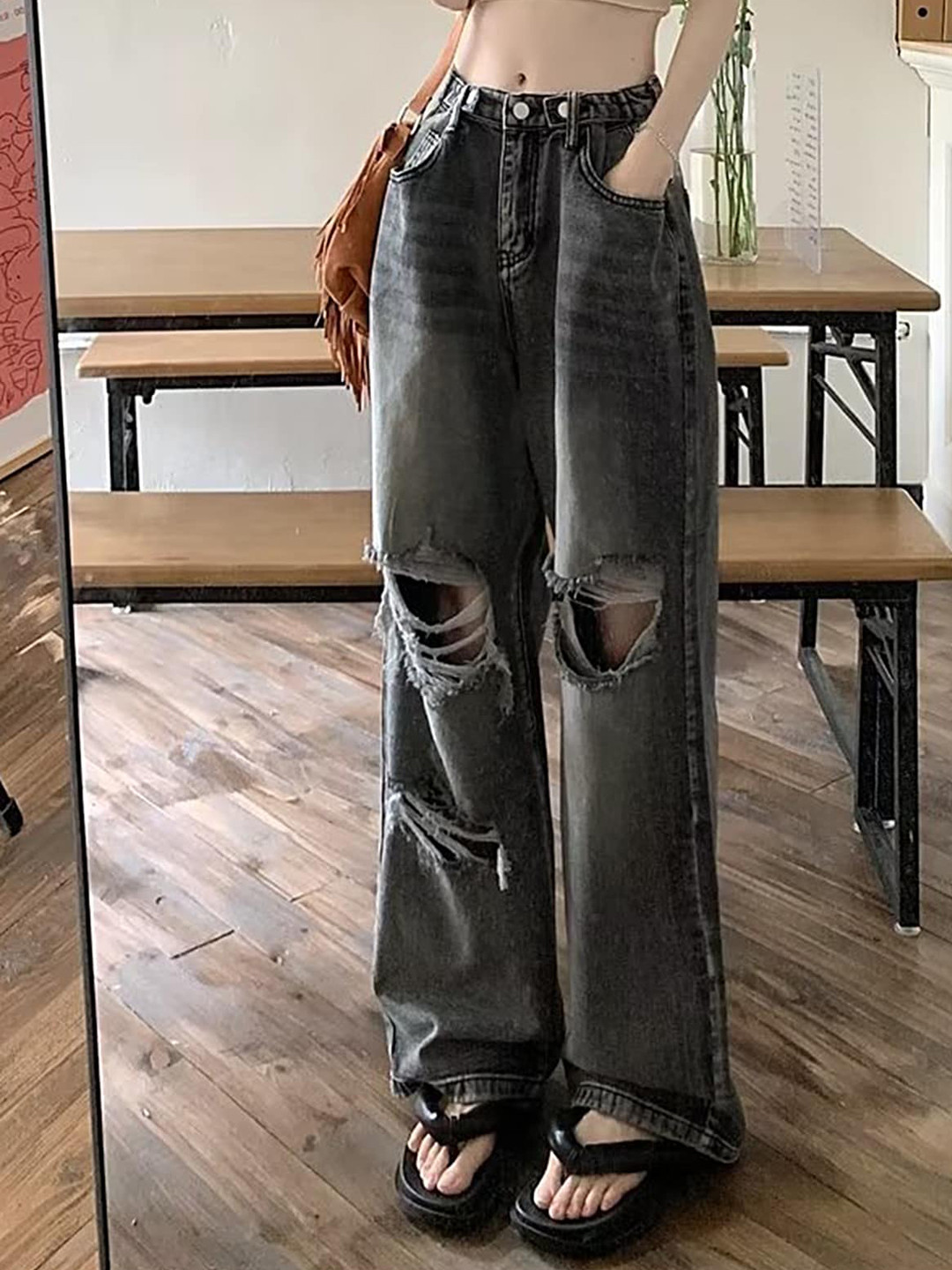 

LULU & SKY Women Straight Fit High-Rise Highly Distressed Heavy Fade Jeans, Grey