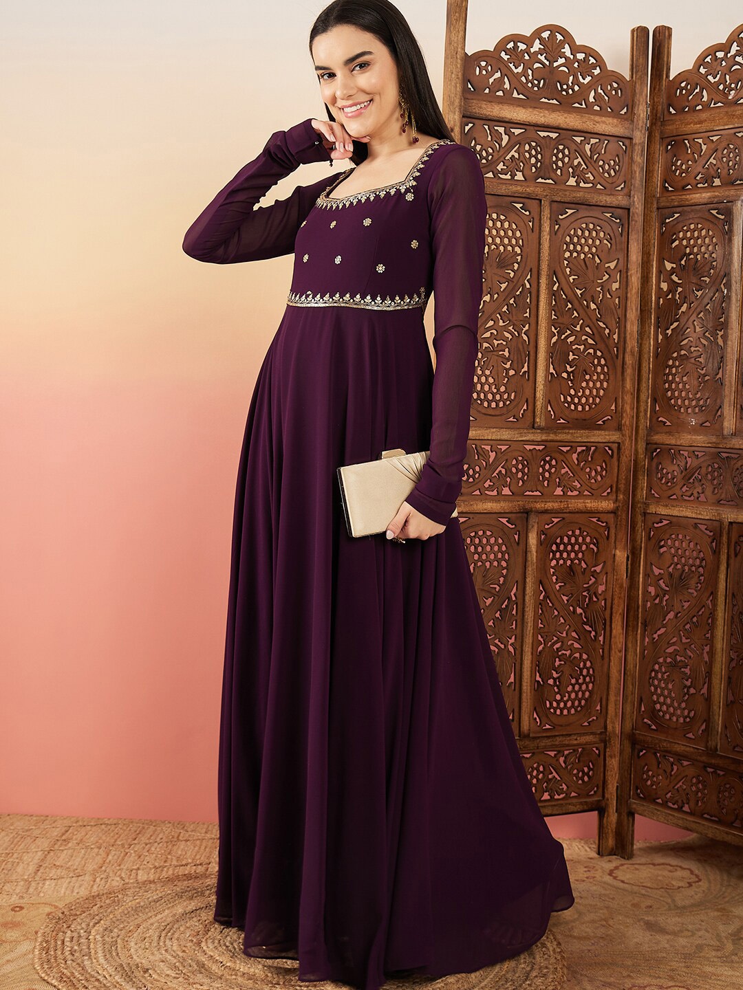 

Sangria Floral Zari & Sequinned Embroidered Square Neck Georgette A-Line Ethnic Dress, Purple