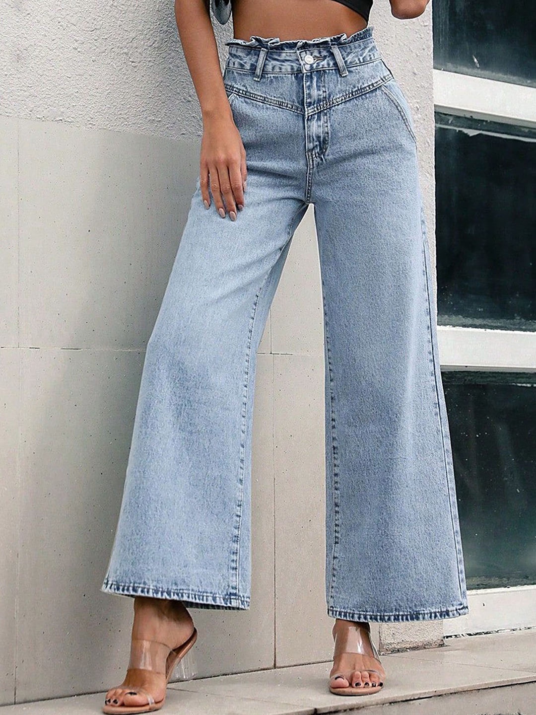 

LULU & SKY Women Wide Leg High-Rise Clean Look Crinkle Jeans, Blue