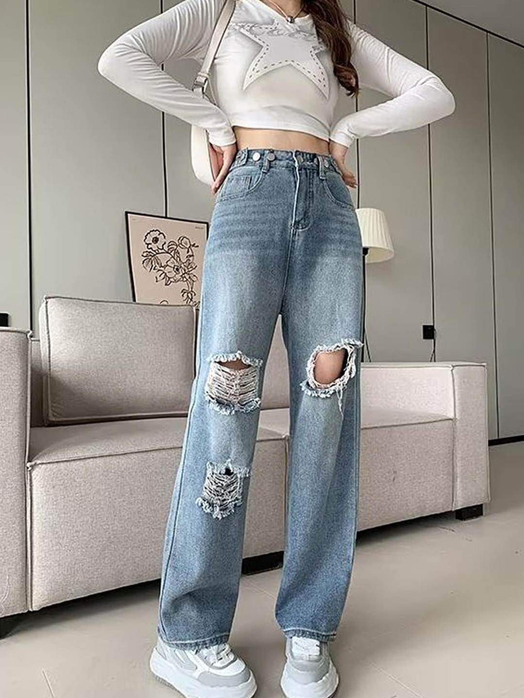 

LULU & SKY Women Straight Fit High-Rise Highly Distressed Heavy Fade Jeans, Blue