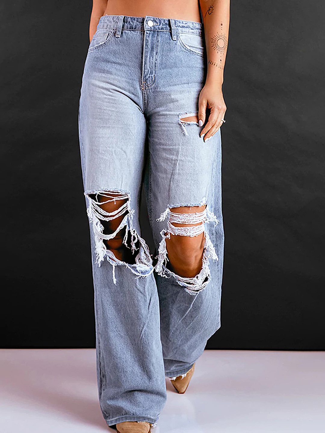 

LULU & SKY Women Straight Fit High-Rise Highly Distressed Heavy Fade Jeans, Blue