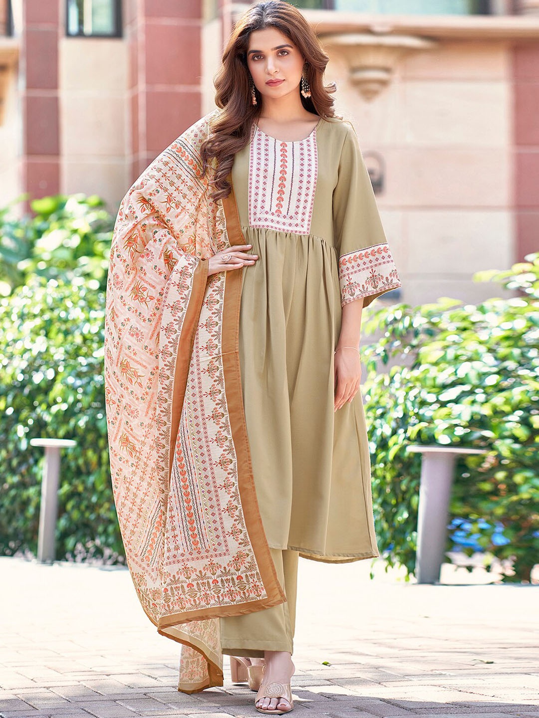

KALINI Floral Yoke Design A-Line Kurta & Palazzos With Dupatta, Beige