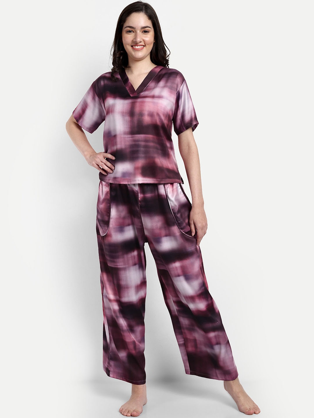 

NIGHT FLOSS Dyed V-Neck Pure Cotton Night Suit, Pink