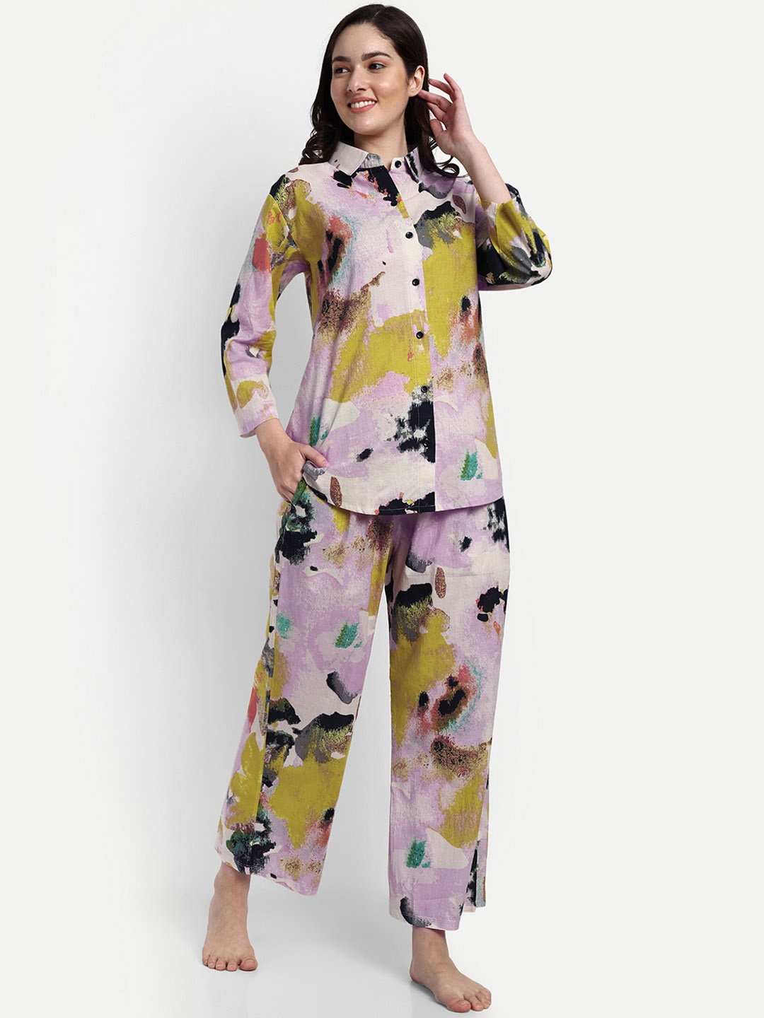 

NIGHT FLOSS Abstract Printed Pure Cotton Night Suit, Purple