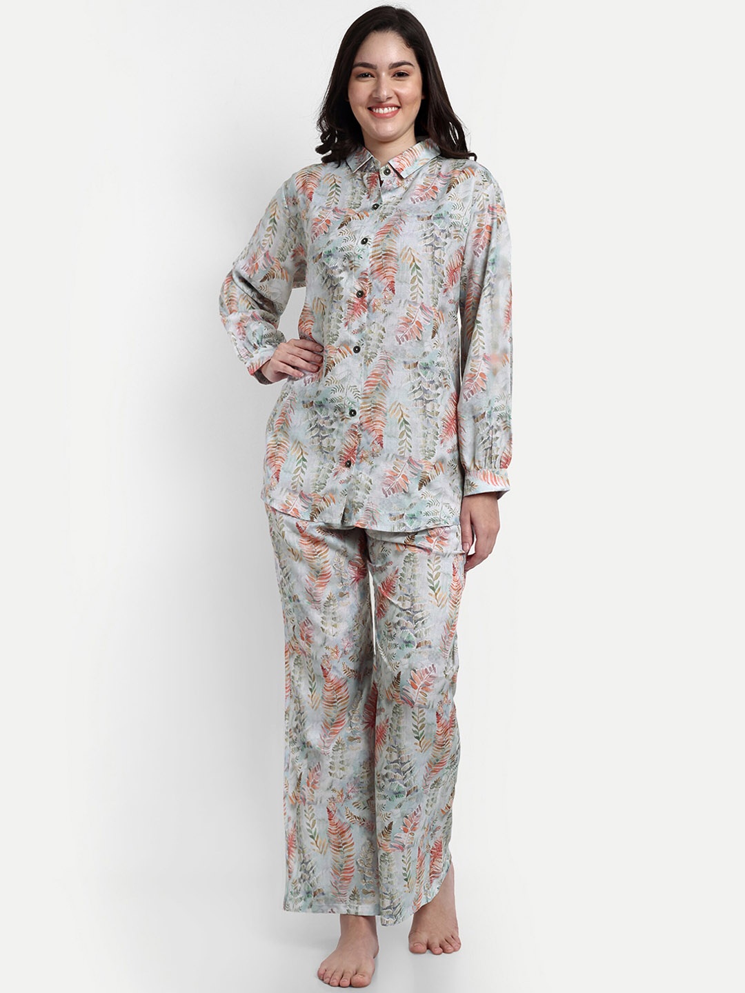 

NIGHT FLOSS Floral Printed Pure Cotton Night Suit, Blue