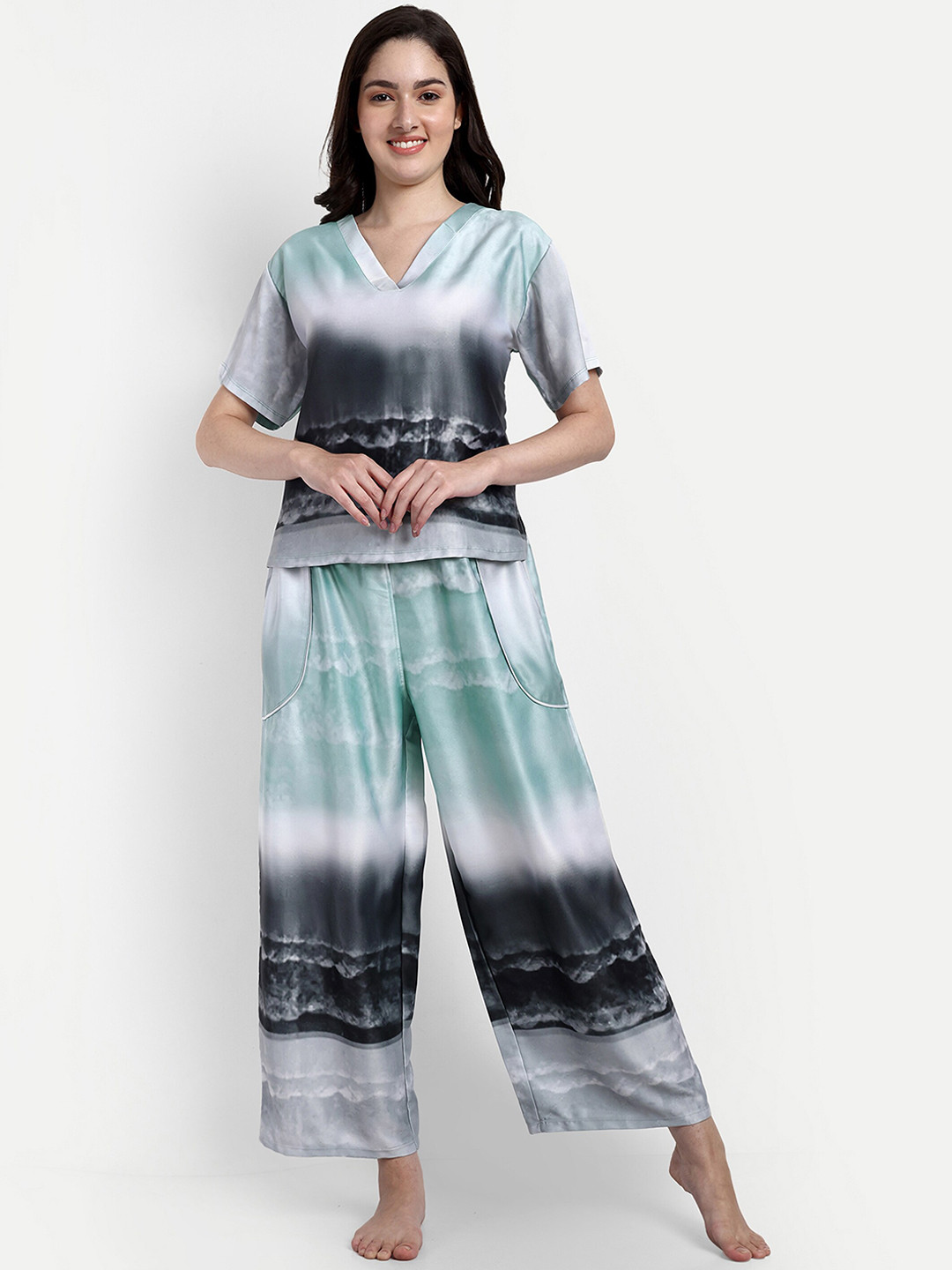 

NIGHT FLOSS Colourblocked V-Neck Pure Cotton Night Suit, Blue