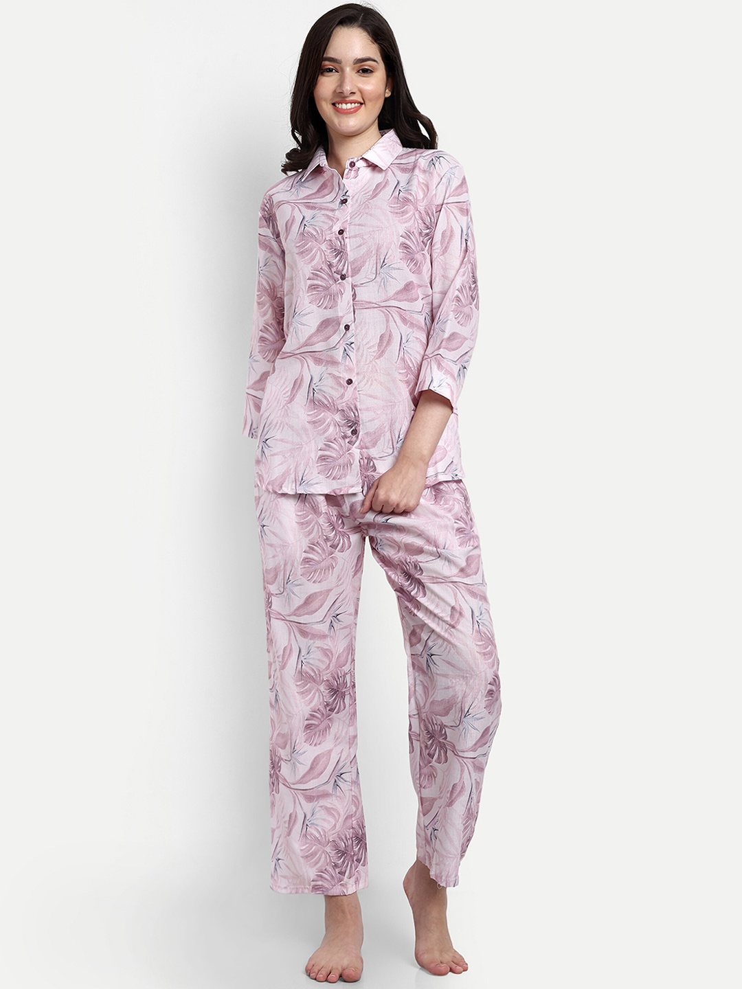 

NIGHT FLOSS Floral Printed Pure Cotton Night Suit, Pink