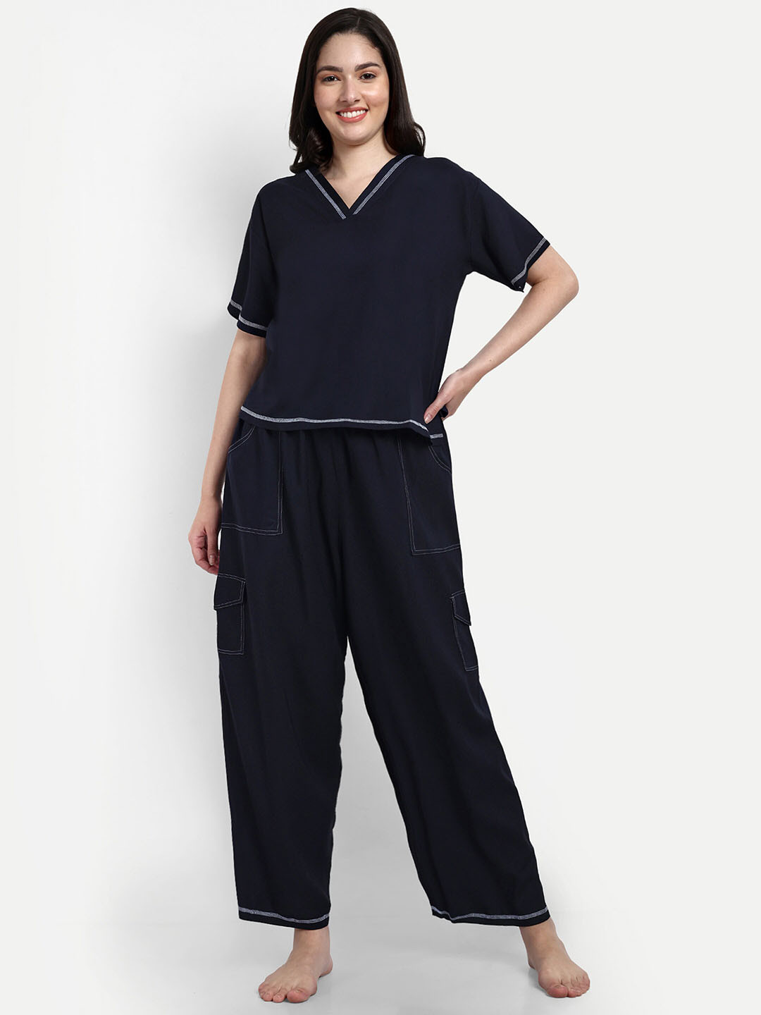 

NIGHT FLOSS V-Neck Pure Cotton Night Suit, Blue
