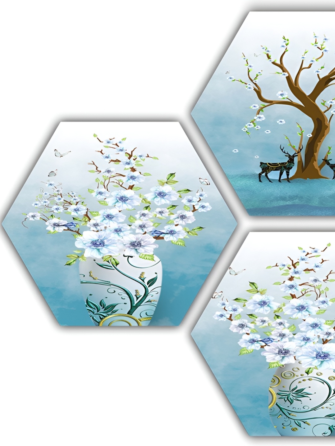 

PnF Blue & White 3 Pieces Floral and Botanical Wooden Painting Wall Art