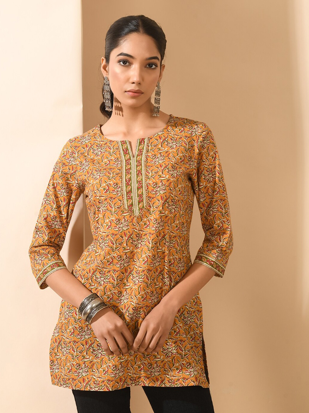 

MEESAN Floral Printed Notched Neck Pure Cotton Kurti, Mustard
