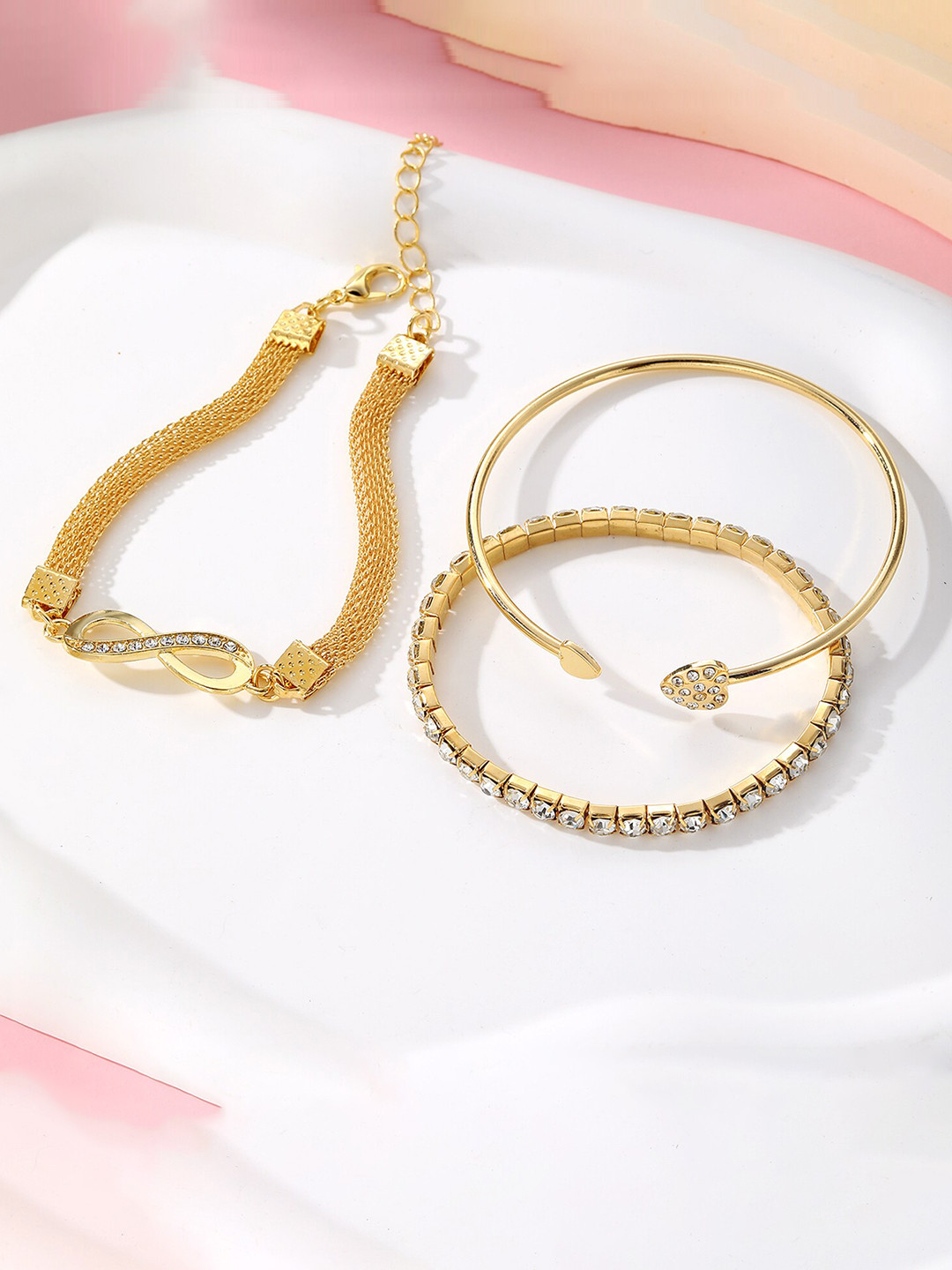 

Fashion Frill Set Of 3 Gold-Plated Cubic Zirconia Studded Cuff Bracelet