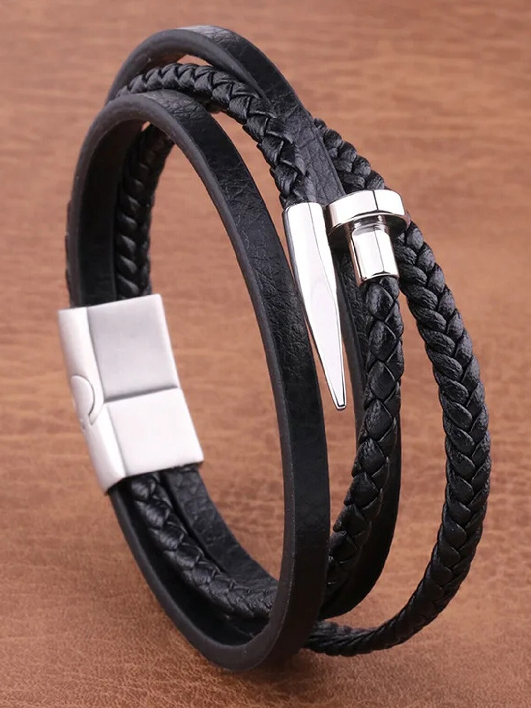 

Fashion Frill Men Leather Silver-Plated Multistrand Bracelet, Black