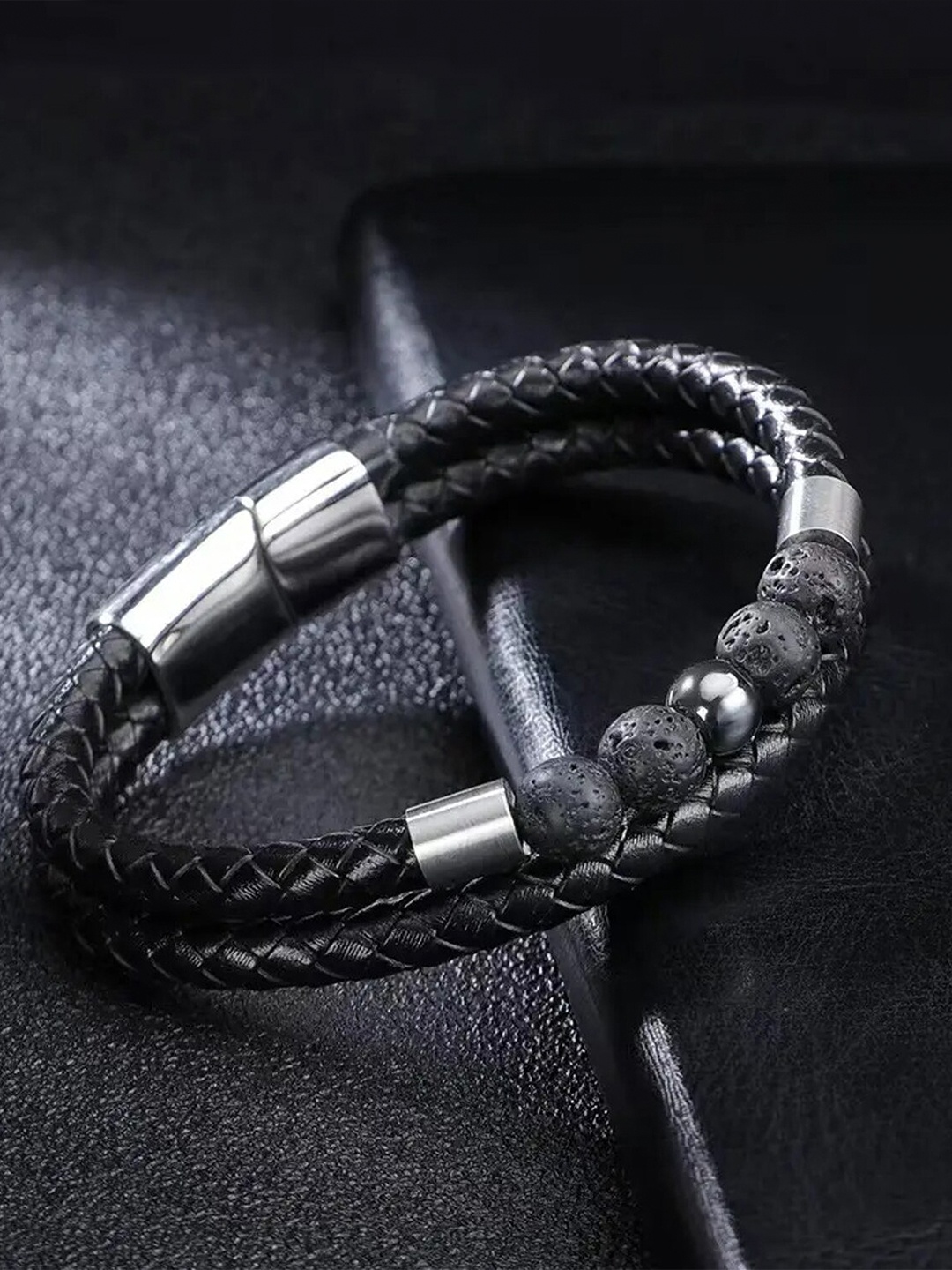 

Fashion Frill Men Leather Silver-Plated Beads Beaded Multistrand Bracelet