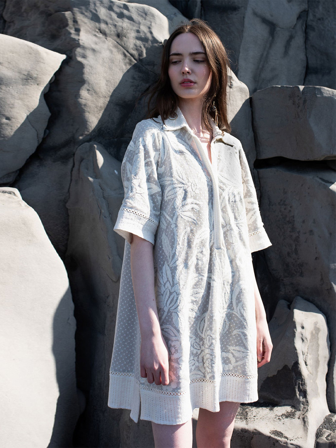 

Dash and Dot Floral Embroidered Lace Shirt Dress, Off white