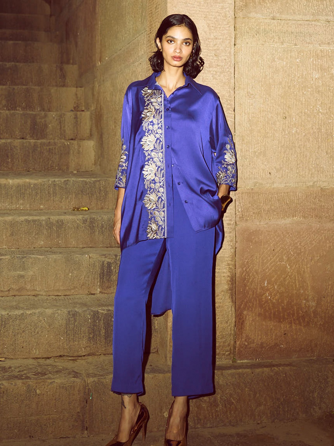 

Dash and Dot Embroidered Shirt With Trousers, Purple
