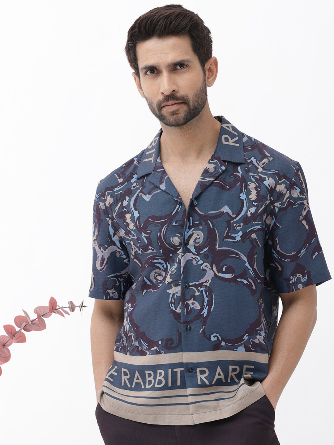 

RARE RABBIT Men Bordis Boxy Fit Floral Printed Cuban Collar Shirt, Navy blue