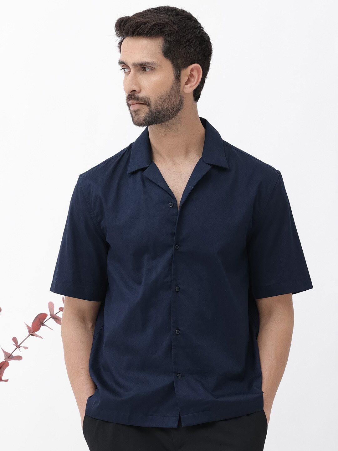 

RARE RABBIT Men Memop Regular Fit Cuban Collar Shirt, Navy blue