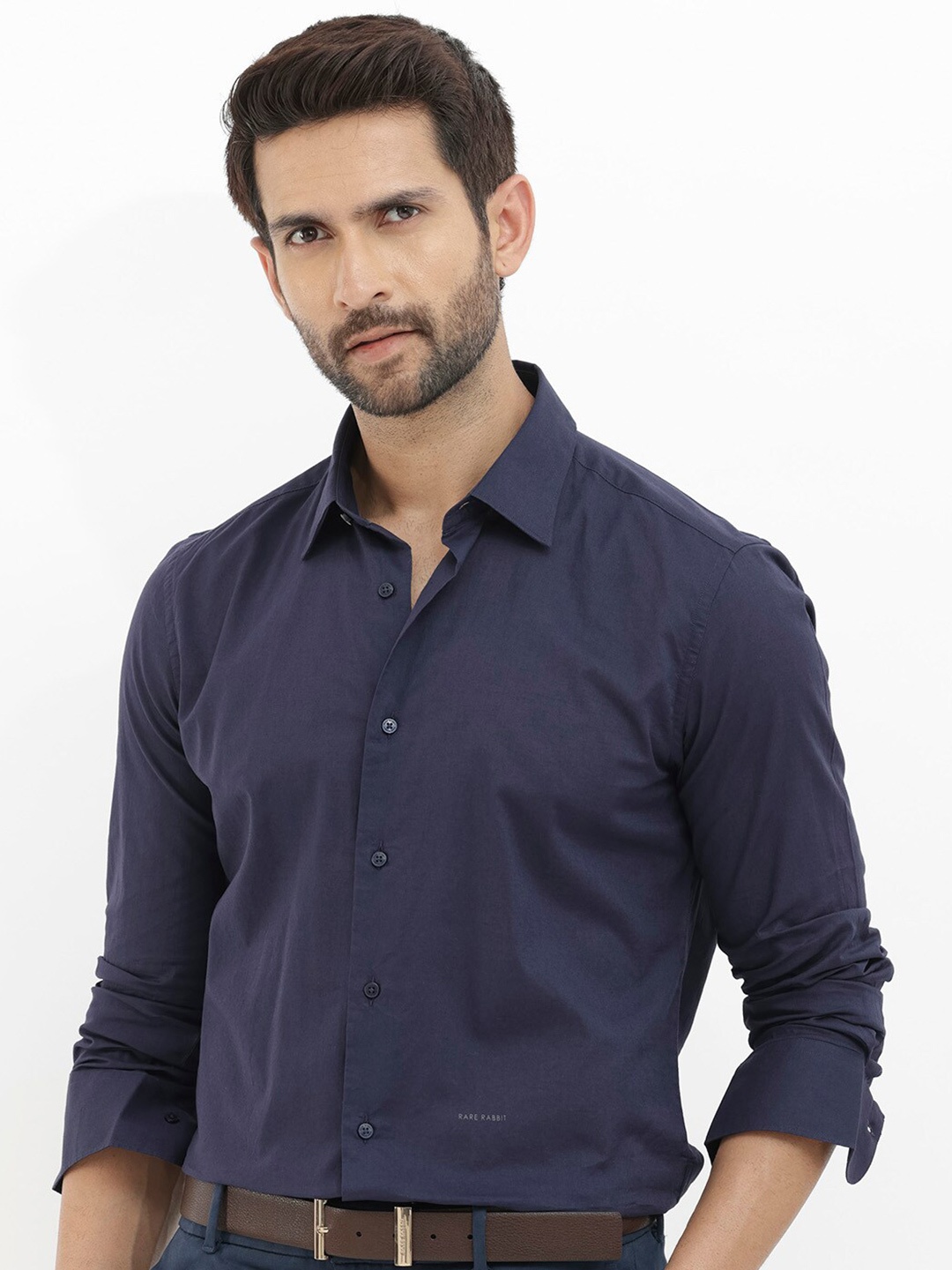

RARE RABBIT Men Cambo Regular Fit Spread Collar Cotton Shirt, Navy blue