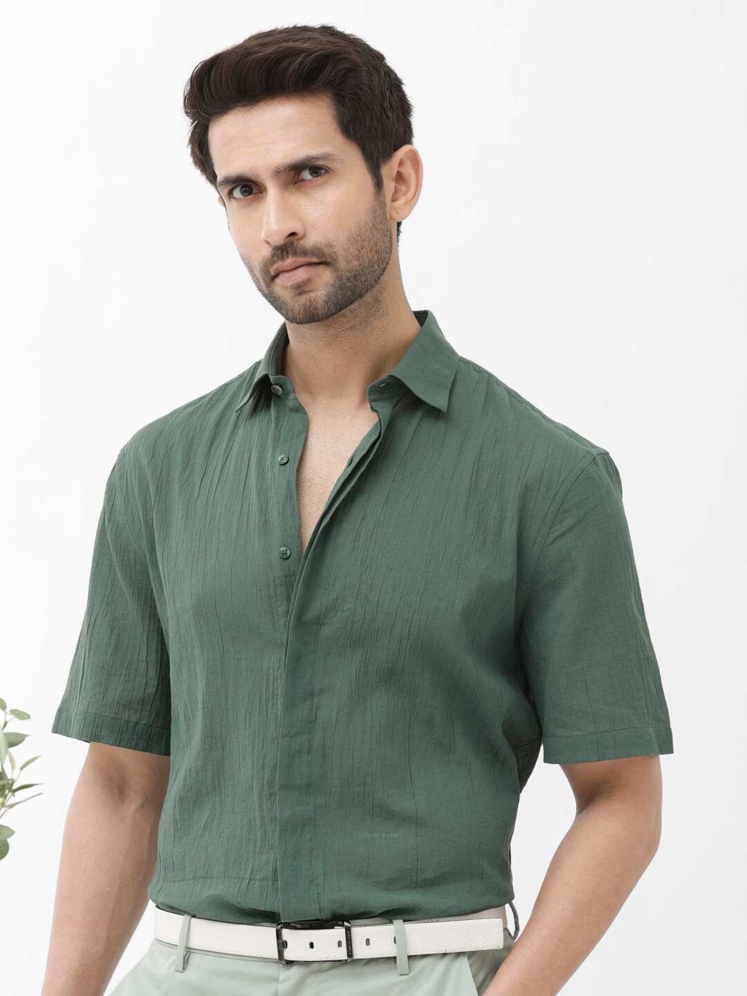 

RARE RABBIT Men Crinkle Regular Fit Cotton Shirt, Green