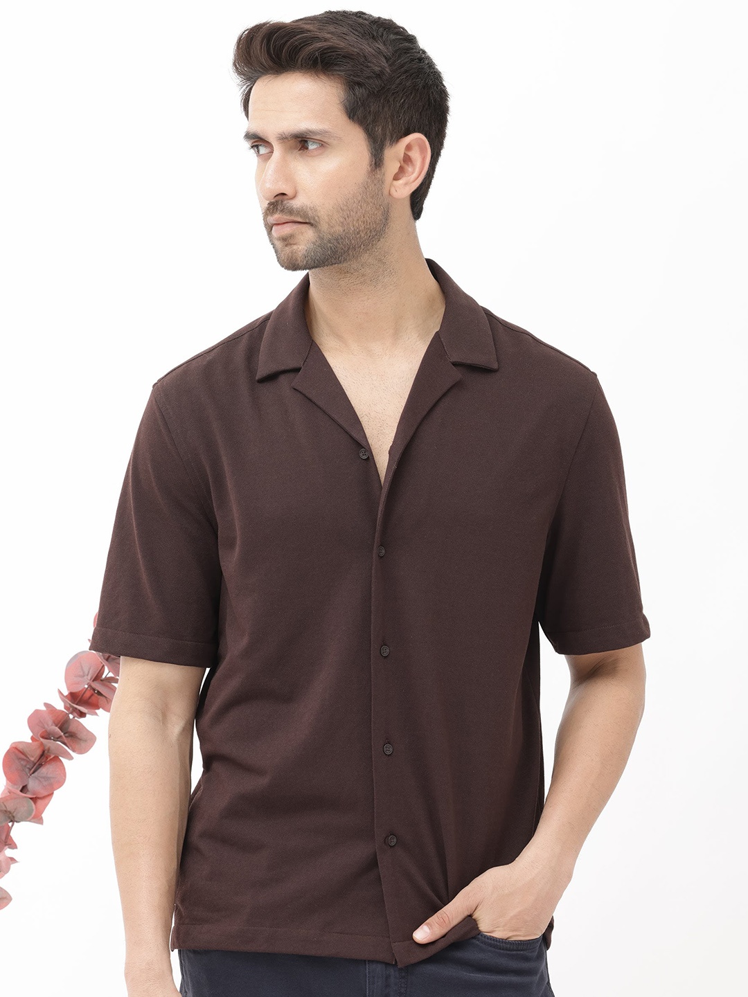 

RARE RABBIT Men Manga Regular Fit Cuban Collar Cotton Shirt, Brown