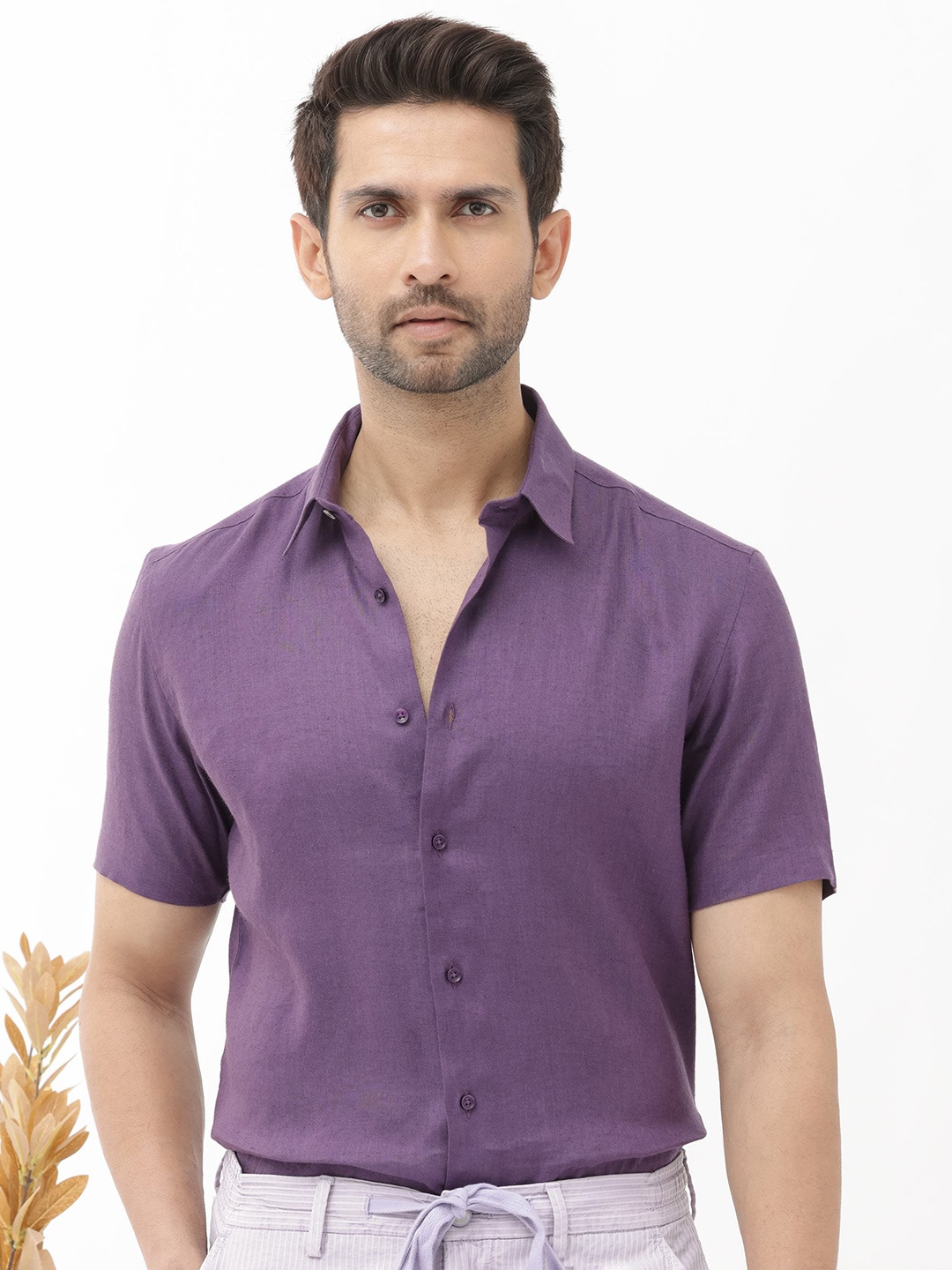 

RARE RABBIT Men Linex-1 Boxy Fit Spread Collar Linen Shirt, Purple