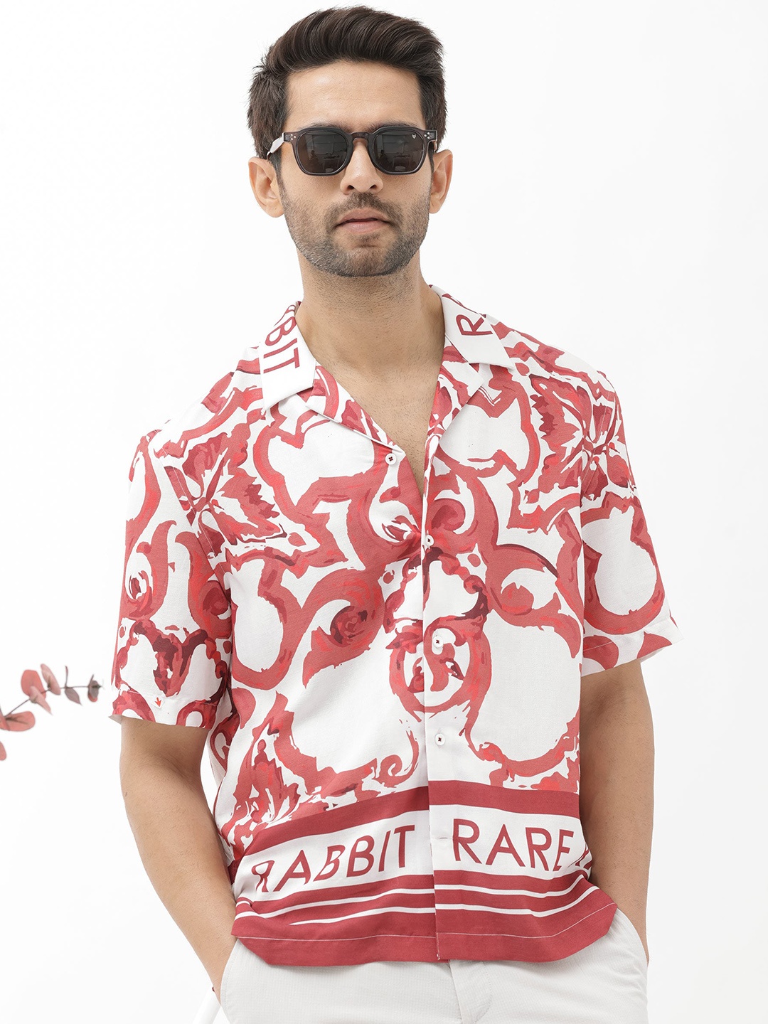 

RARE RABBIT Men Bordin Regular Fit Abstract Printed Cuban Collar Shirt, Red