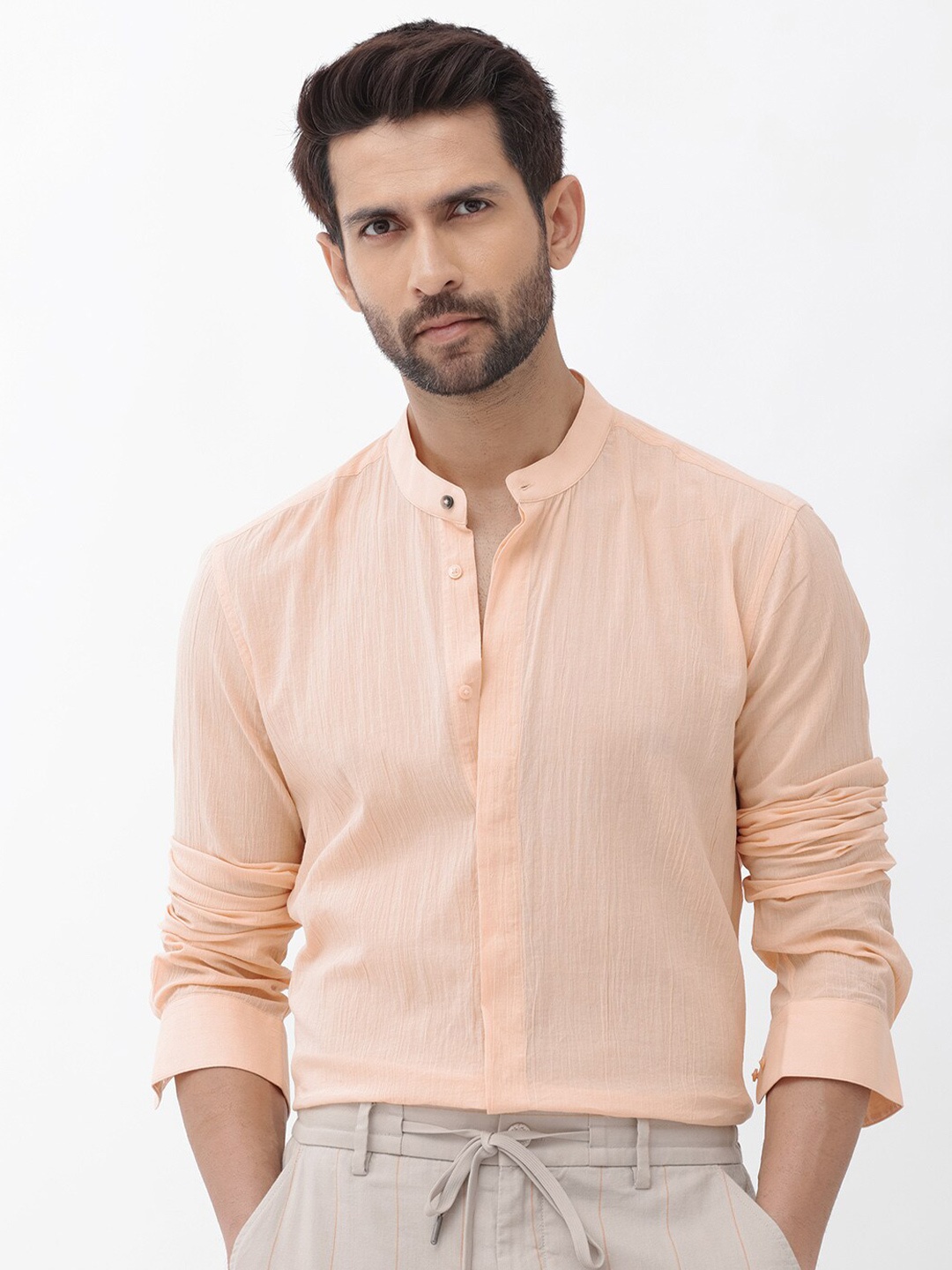 

RARE RABBIT Men Crinkle Regular Fit Mandarin Collar Cotton Shirt, Orange
