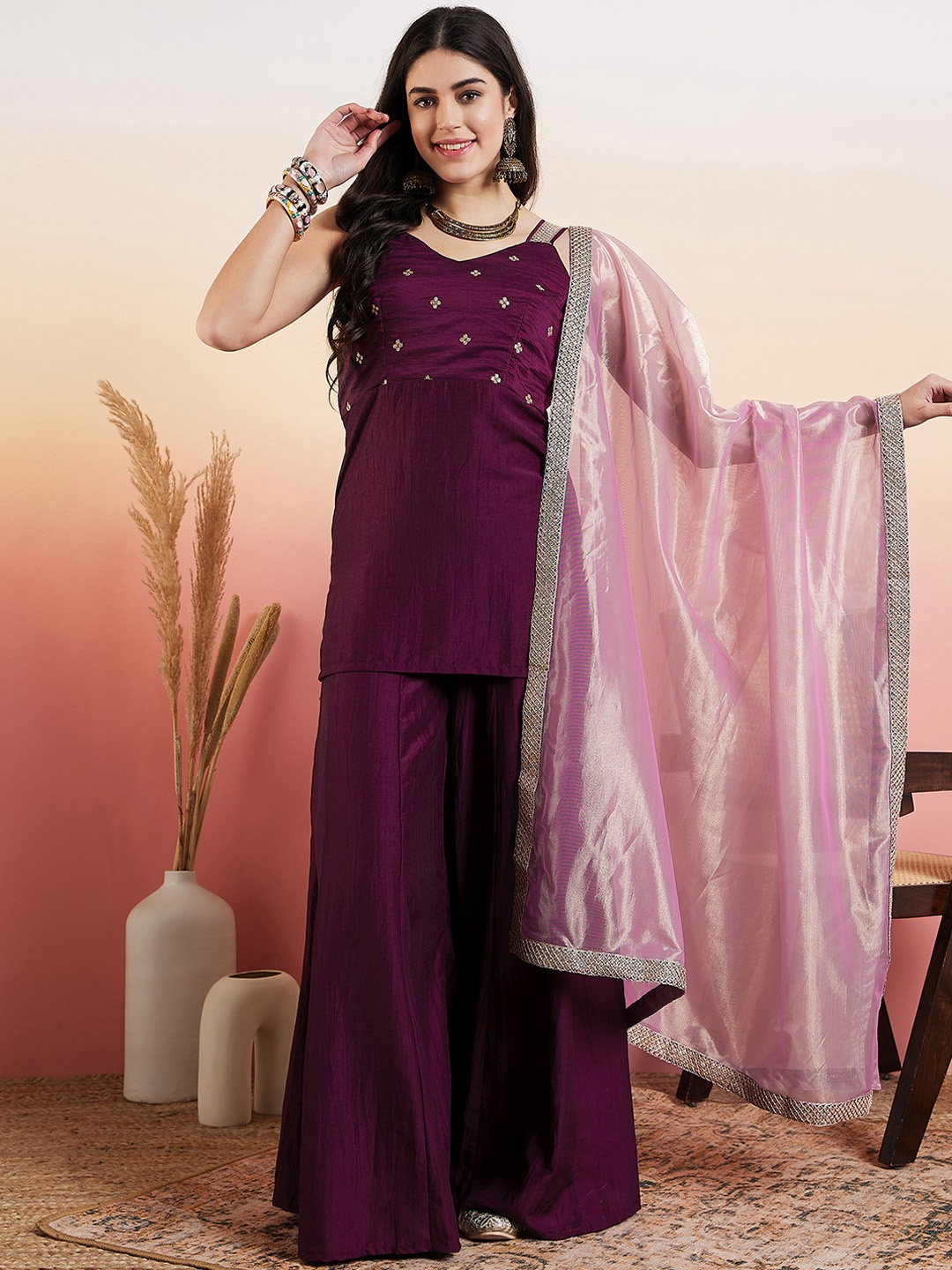 

Inddus Ethnic Motifs Embroidered Regular Thread Work Kurta With Palazzos & Dupatta, Mauve