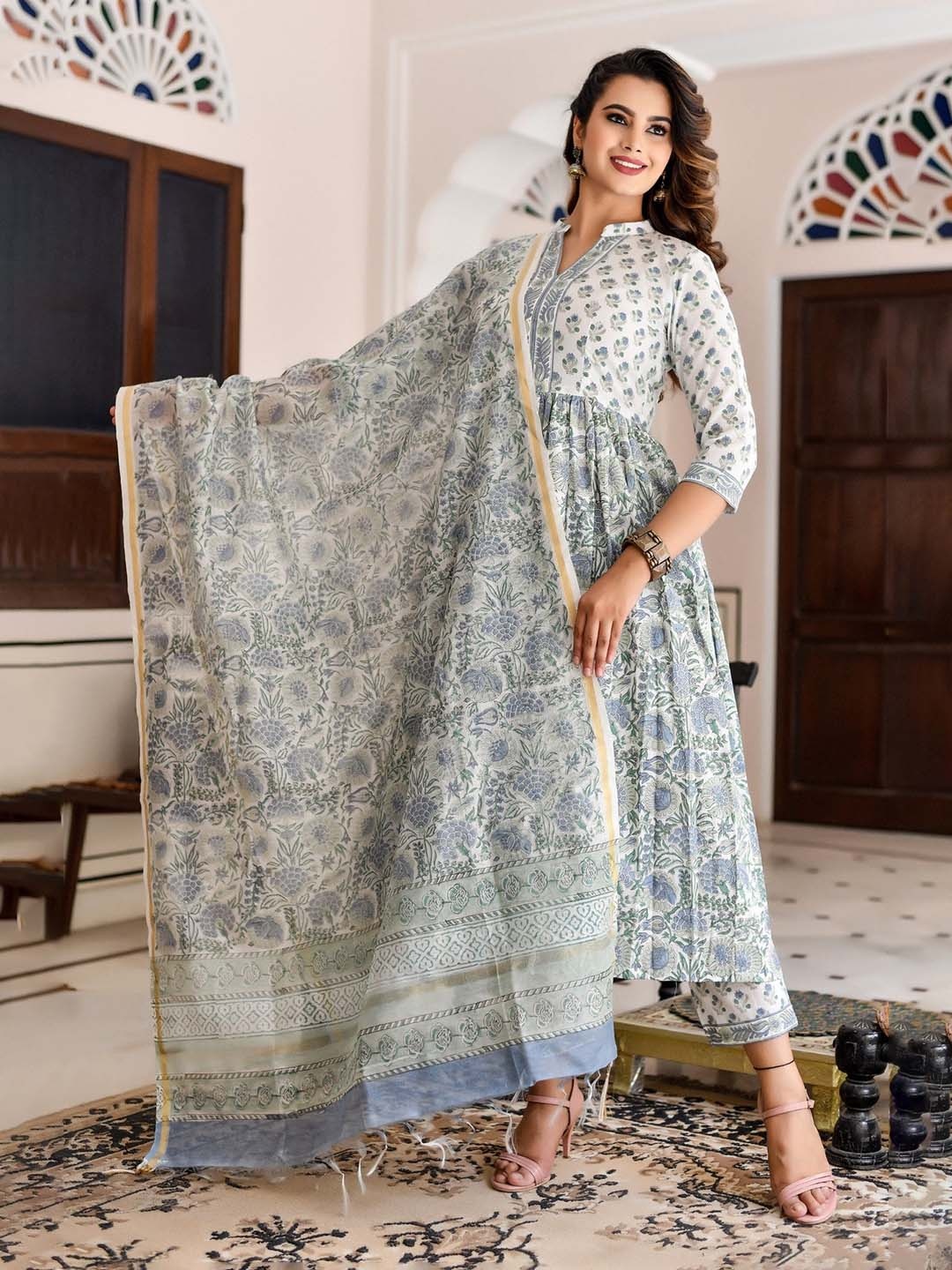 

Lookmark Women Floral Printed Angrakha Kurta with Trousers & With Dupatta, White