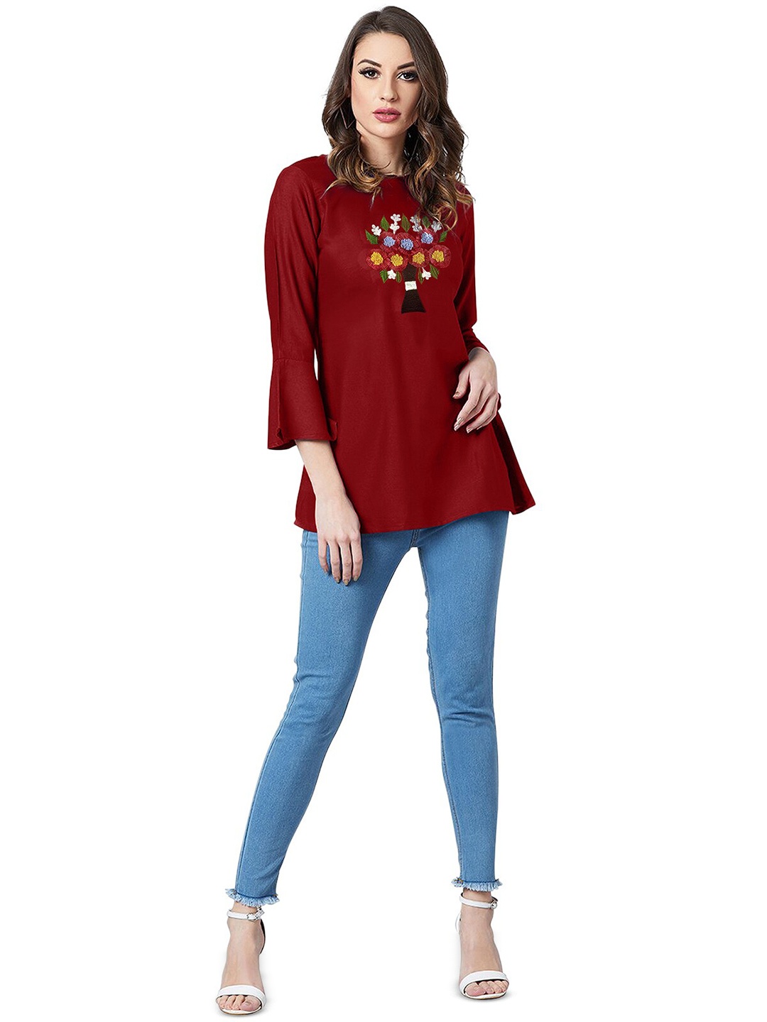 

Sanwariya Silk Floral Embroidered Bell Sleeves Longline Top, Maroon