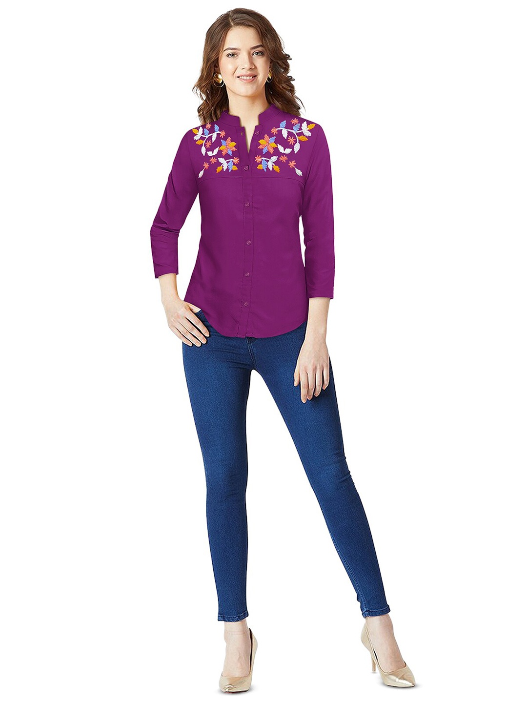 

Sanwariya Silk Floral Embroidered Shirt Style Top, Purple