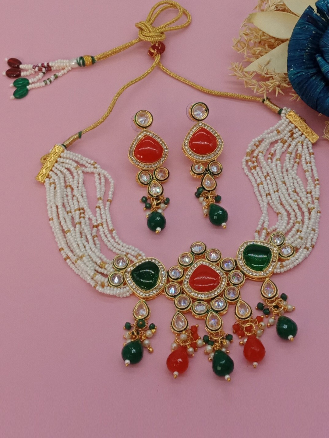 

AASHISH IMITATION Gold-Plated American Diamond-Studded & Beaded Jewellery Set