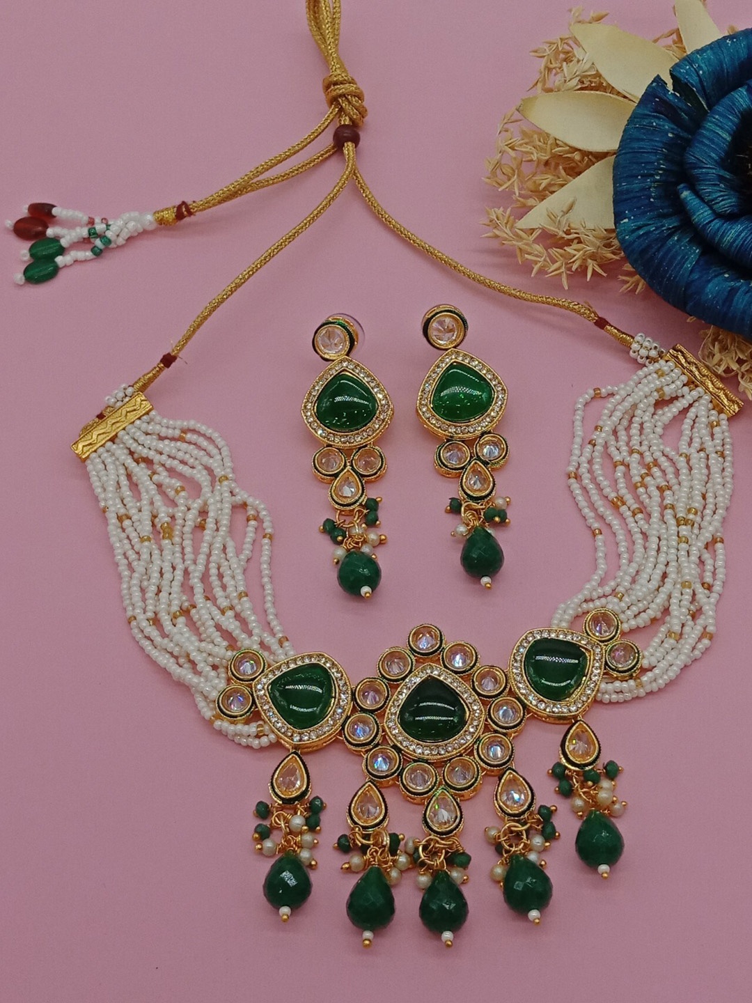 

AASHISH IMITATION Gold-Plated American Diamond Studded & Beaded Jewellery Set
